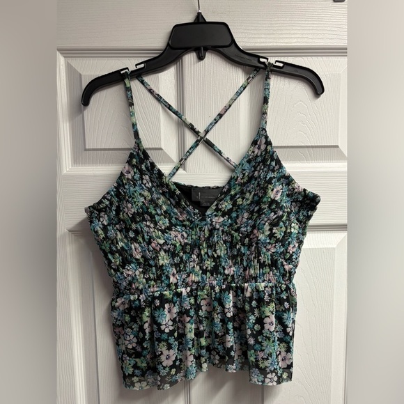 NWT Anthropologie Black/Floral Lined Mesh Ruffle Peplum Strappy Tank Size Large - Picture 2 of 6